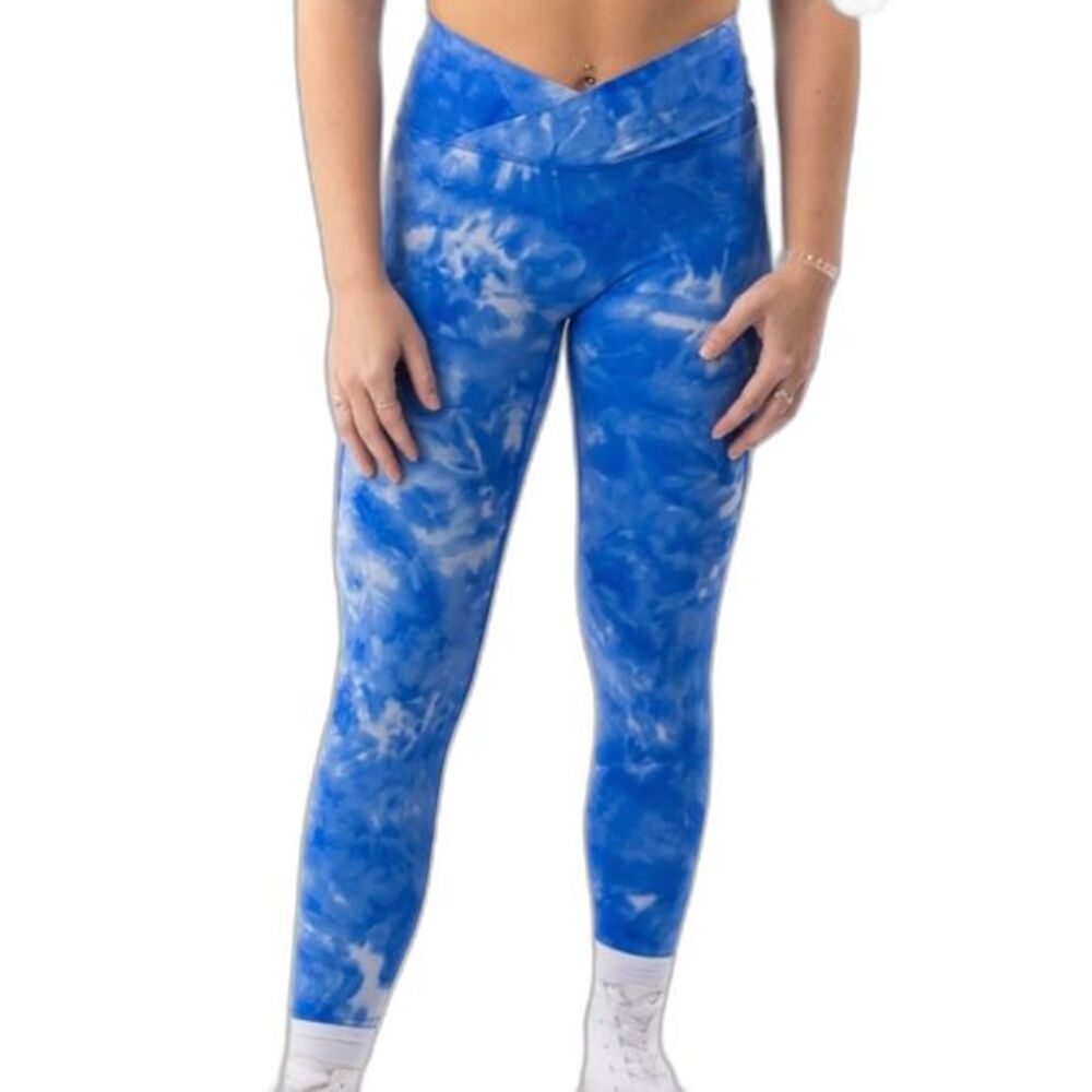 Athlicity Cross Front Full Length High Waist Blue White Tie Dye Leggings Small